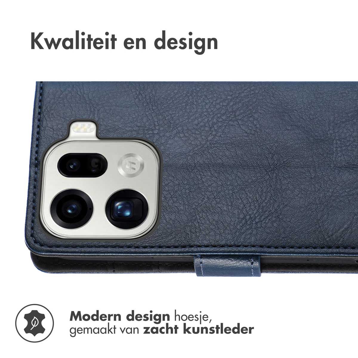 Primo piano di una custodia blu per telefono con modulo fotocamera. Testo: 'Qualità e design' e 'Custodia dal design moderno in pelle morbida'.
