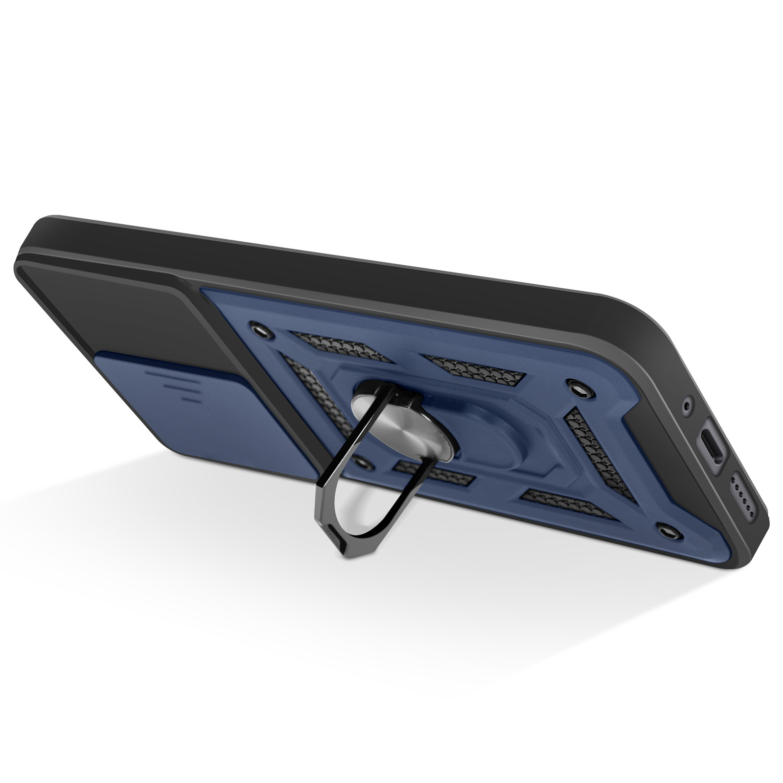 Una custodia per telefono con retro blu e cornice nera. Ha un supporto ad anello ed è posizionata su una superficie bianca.