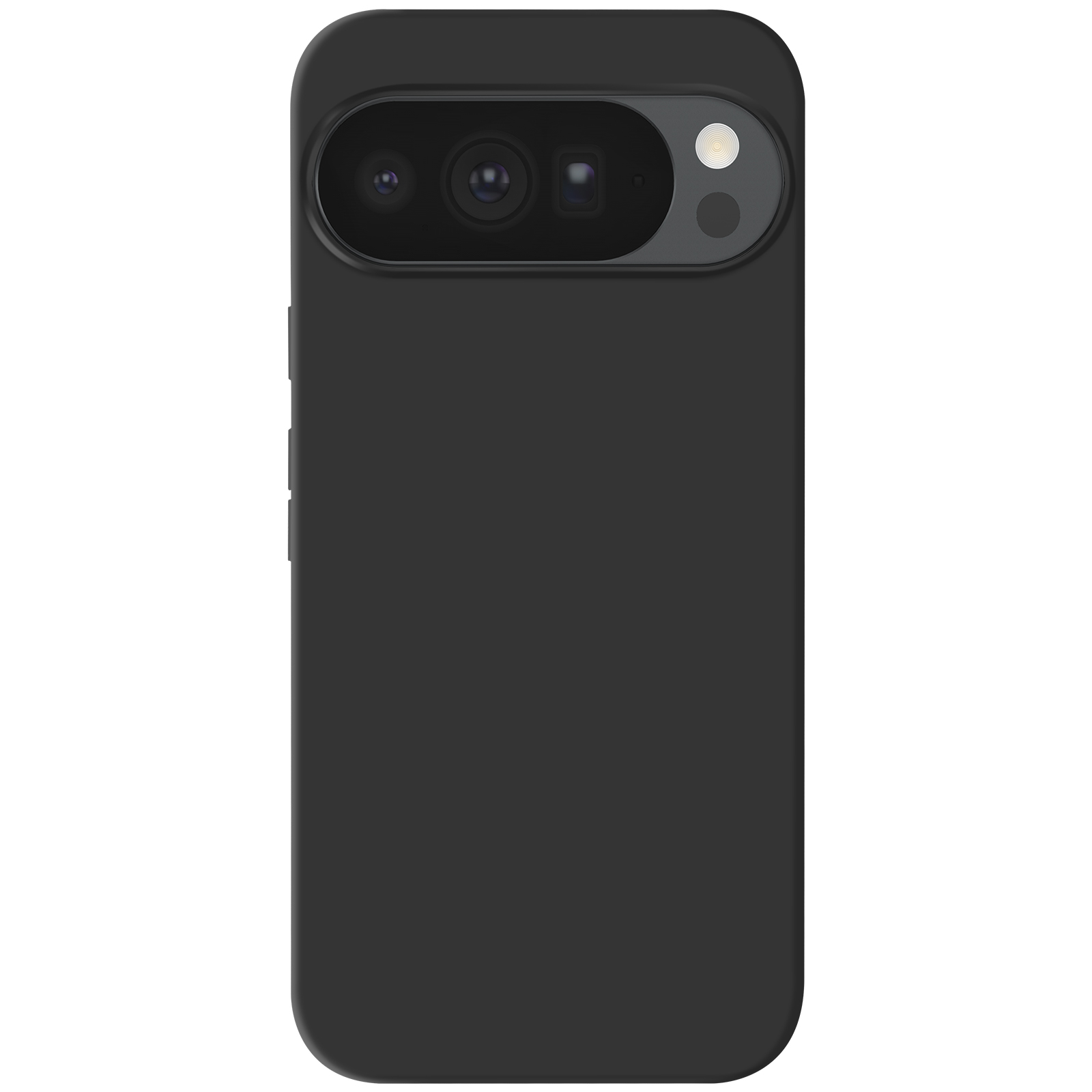 Een zwarte telefoonhoes met cameramodule op een witte achtergrond.