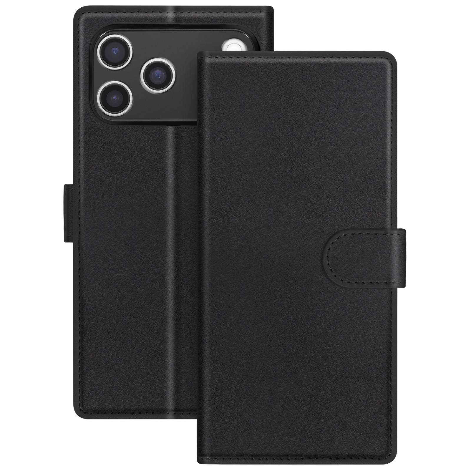 Un étui de téléphone noir avec un téléphone à l'intérieur. L'étui se ferme avec un bouton.