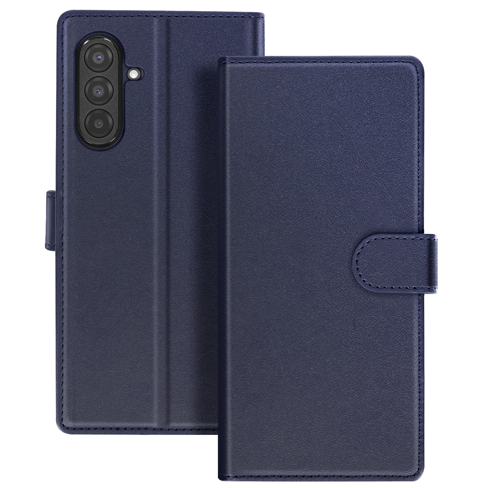 Étui de téléphone bleu marine, ouvert. L'étui a une découpe pour l'appareil photo, une fermeture magnétique et une surface texturée.