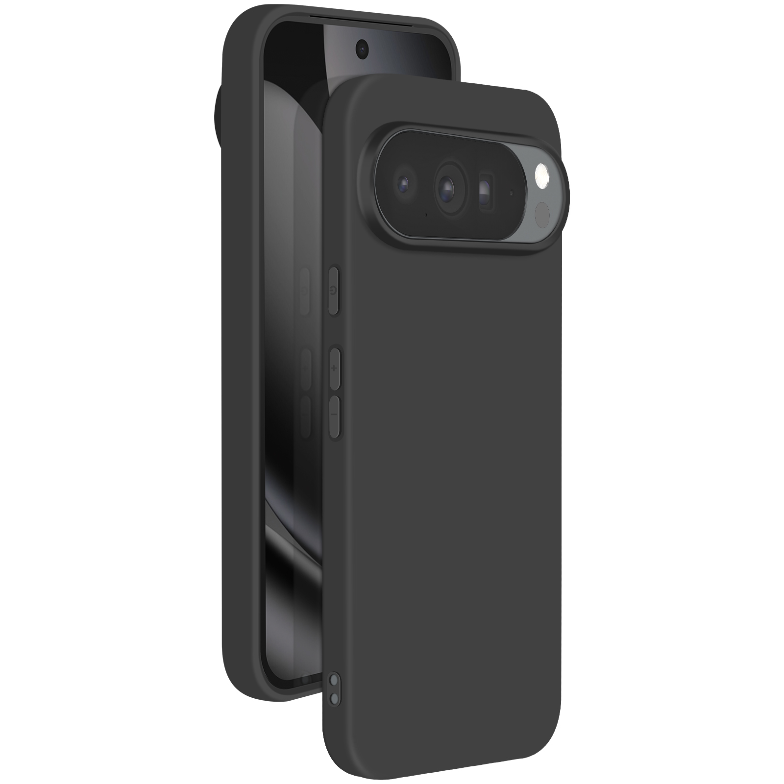 Een zwarte smartphone in een zwarte hoes, gedeeltelijk open. De telefoon heeft camera's aan de achterkant. De hoes heeft knoppen.