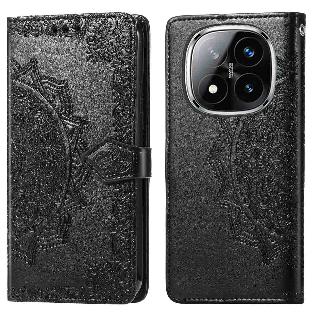 Étui de téléphone en cuir noir avec motifs complexes de mandala et floraux. Fermoir magnétique et découpe pour l'objectif.