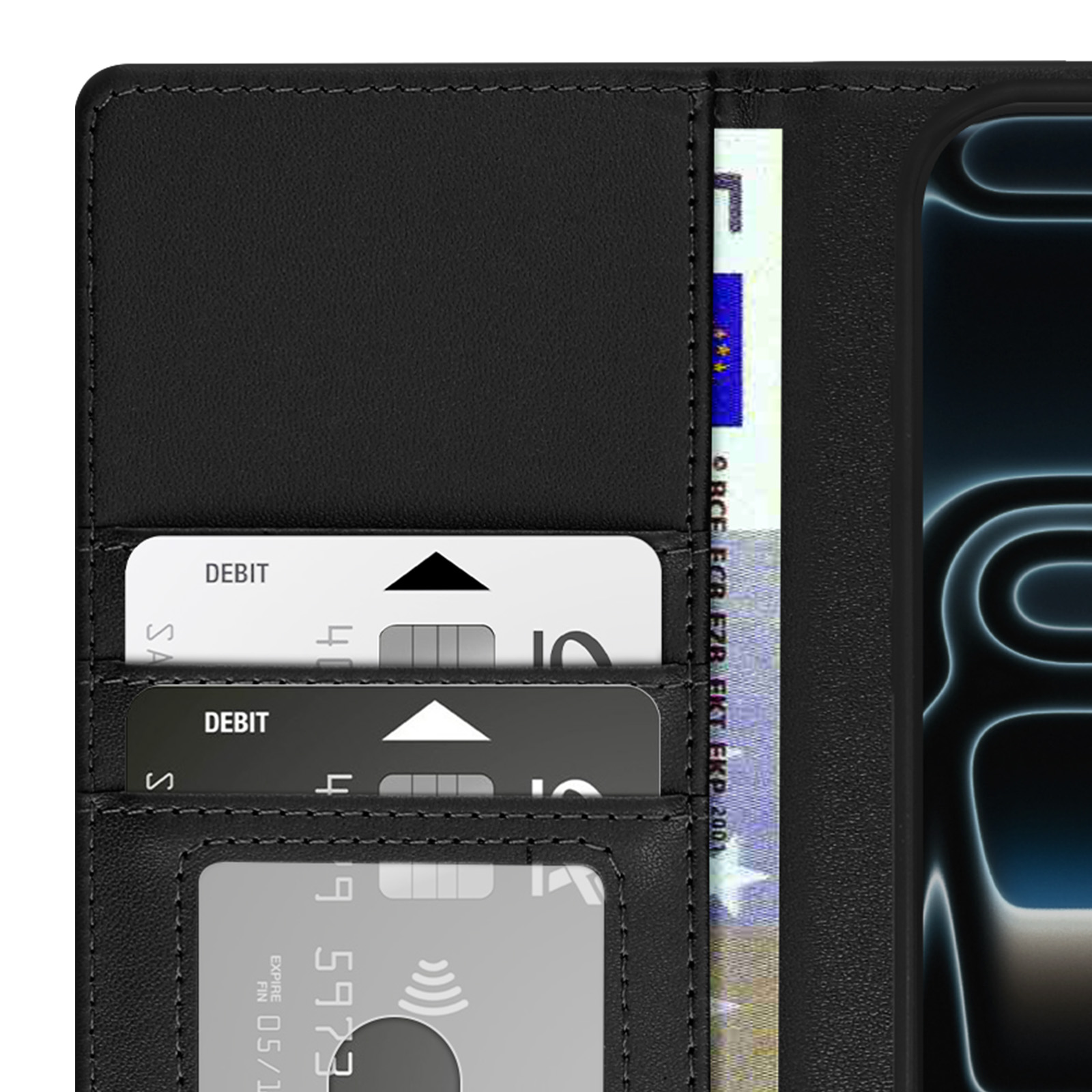 Portefeuille noir avec cartes de débit et un document. Un téléphone est visible à droite.