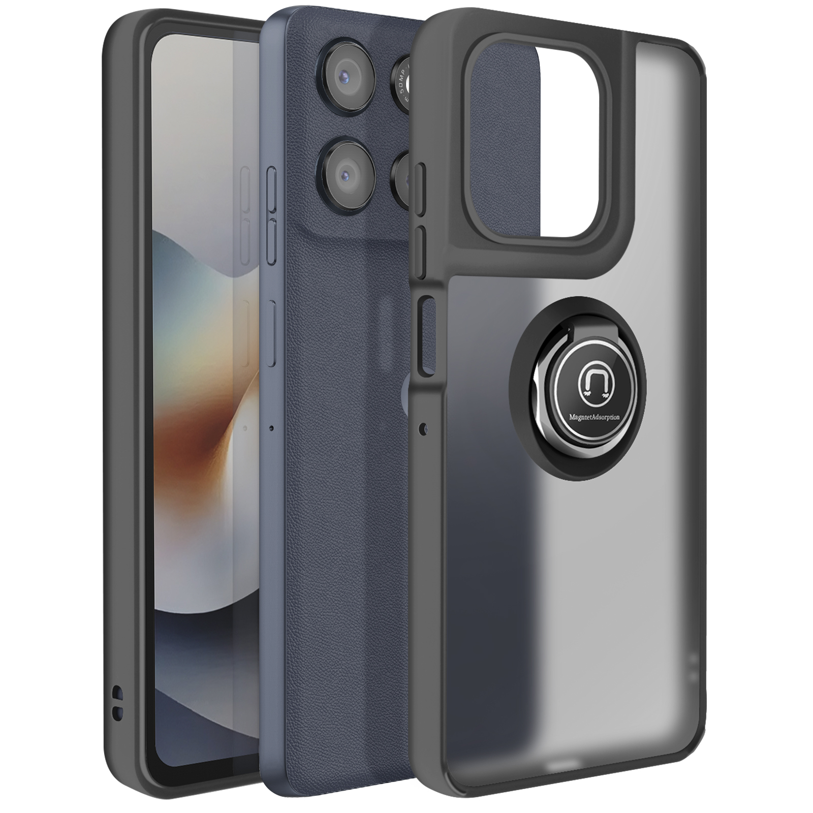 Un téléphone dans un étui. Le téléphone est bleu foncé avec des lentilles de caméra noires. L'étui est noir et gris.