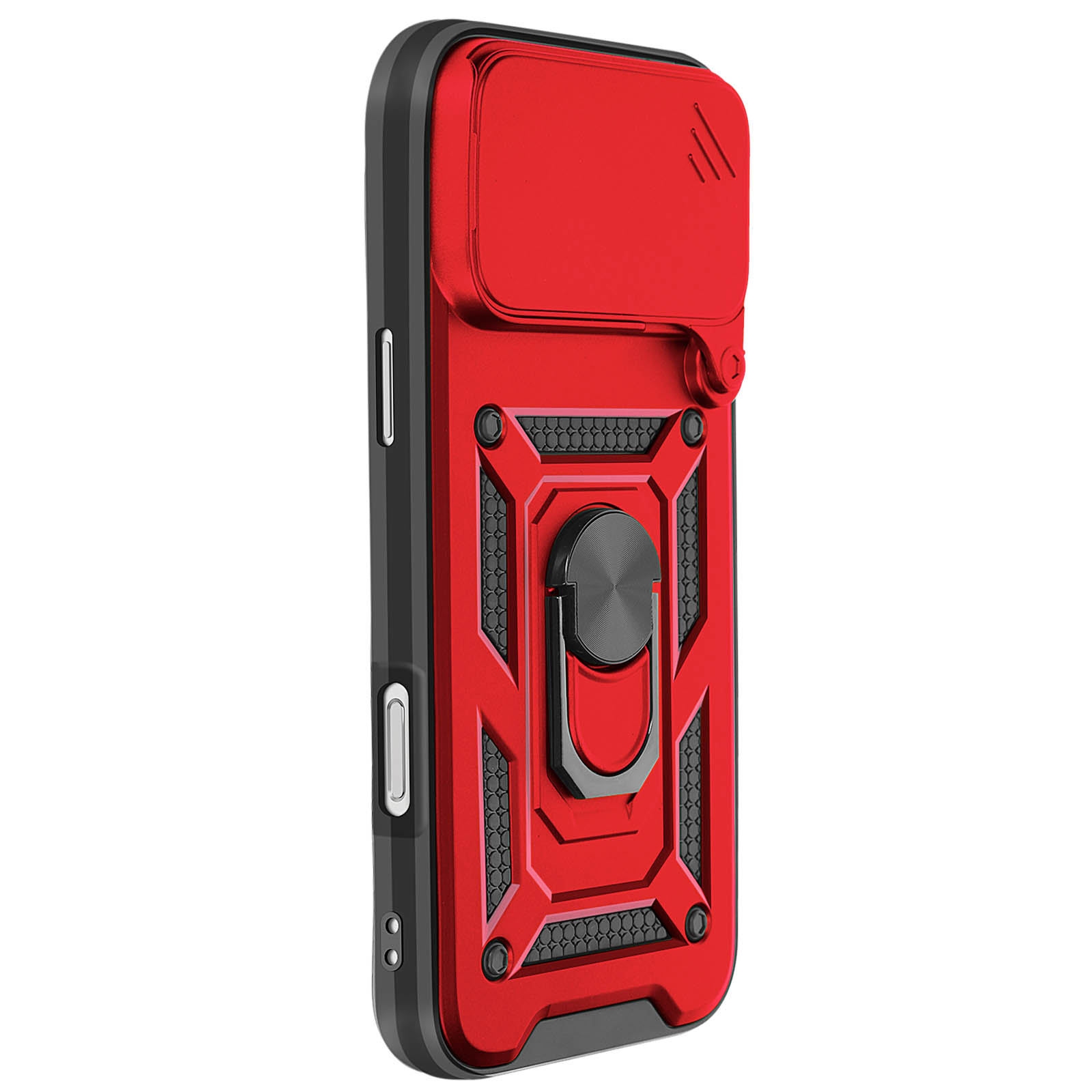 Una custodia per telefono rossa e nera con copertura per fotocamera, supporto ad anello e design geometrico.
