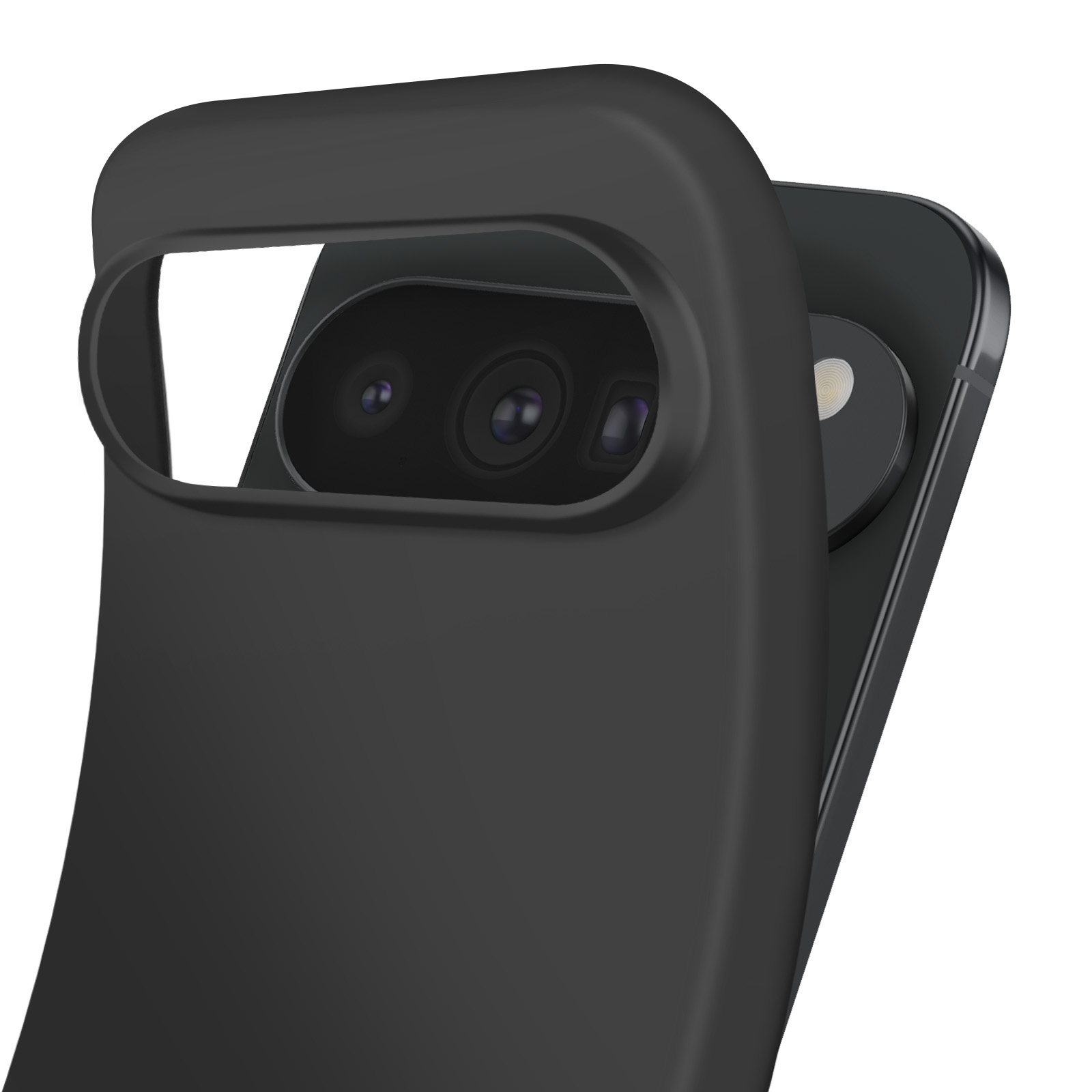 Close-up van een zwarte telefoon met een hoesje. De cameralenzen zijn zichtbaar door een opening.