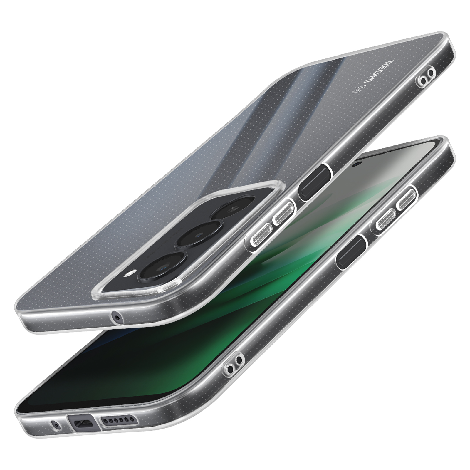 Due custodie trasparenti per telefono, una sopra l'altra, che mostrano il design del telefono. Le custodie hanno piccoli punti.