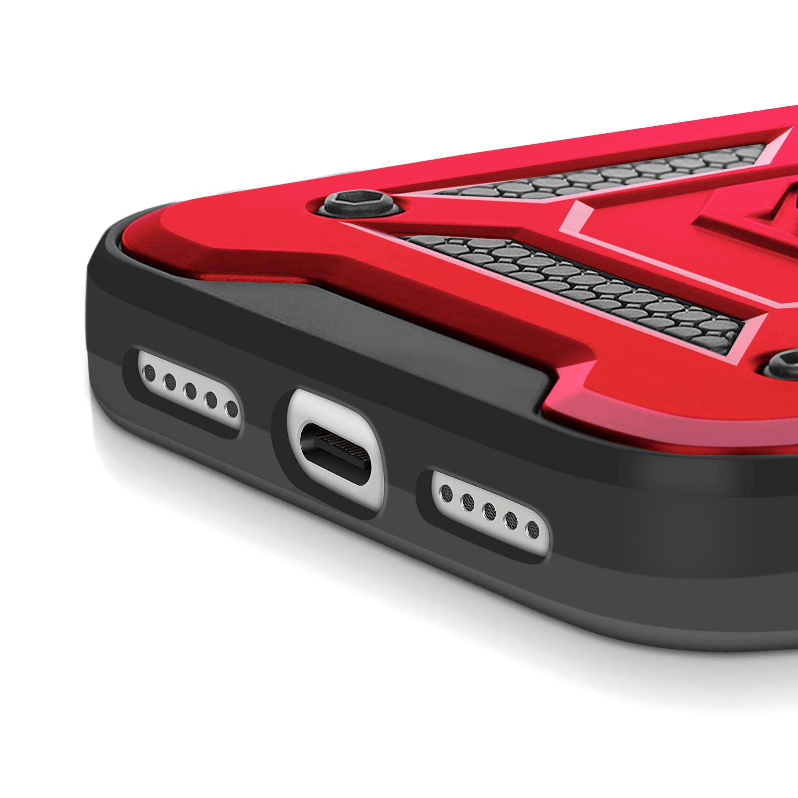 Primo piano di una custodia per telefono rossa e nera. La custodia ha un design strutturato e ritagli per porte e altoparlanti.