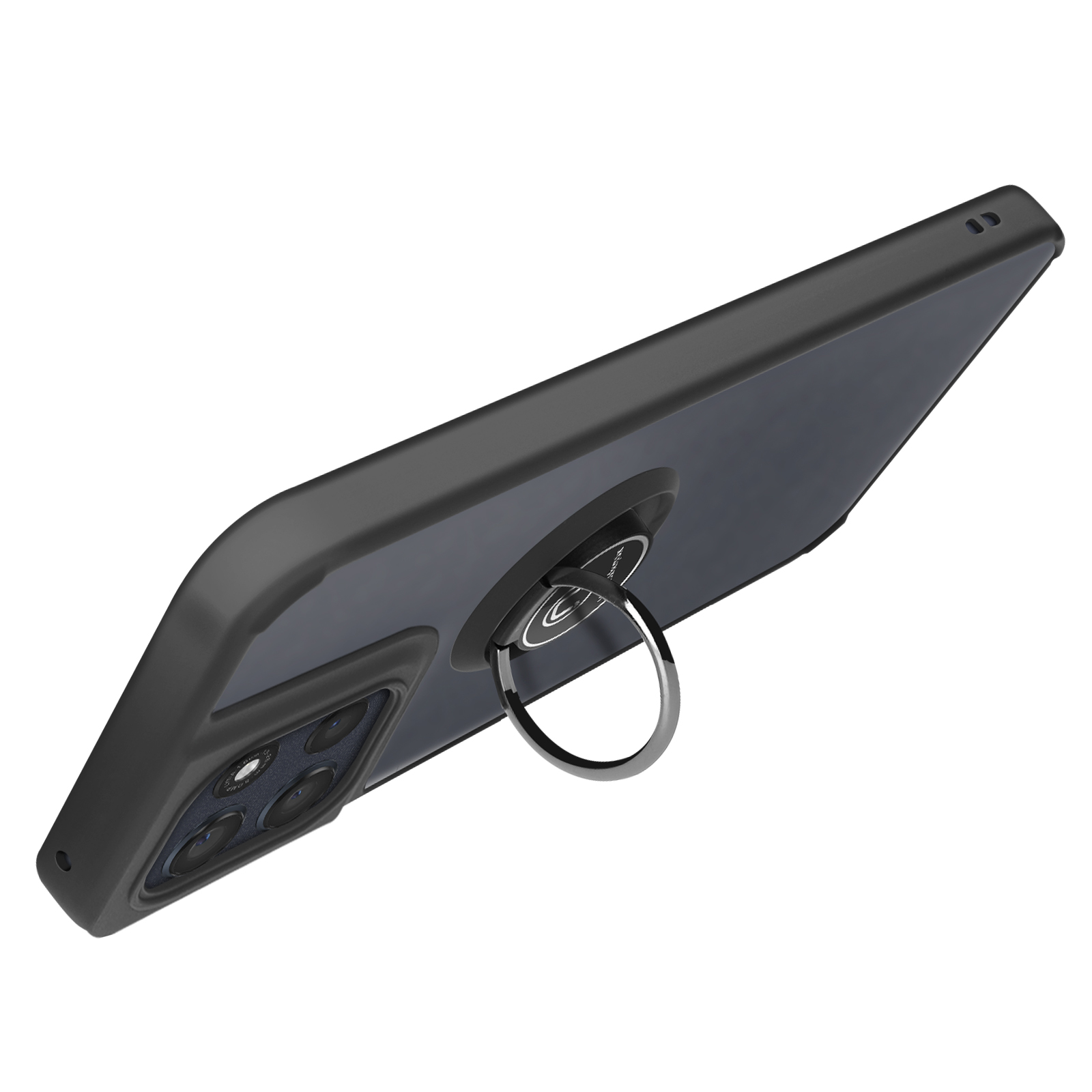 Téléphone noir avec support d'anneau. Téléphone incliné, montrant caméra, anneau et étui noir. Fond blanc.