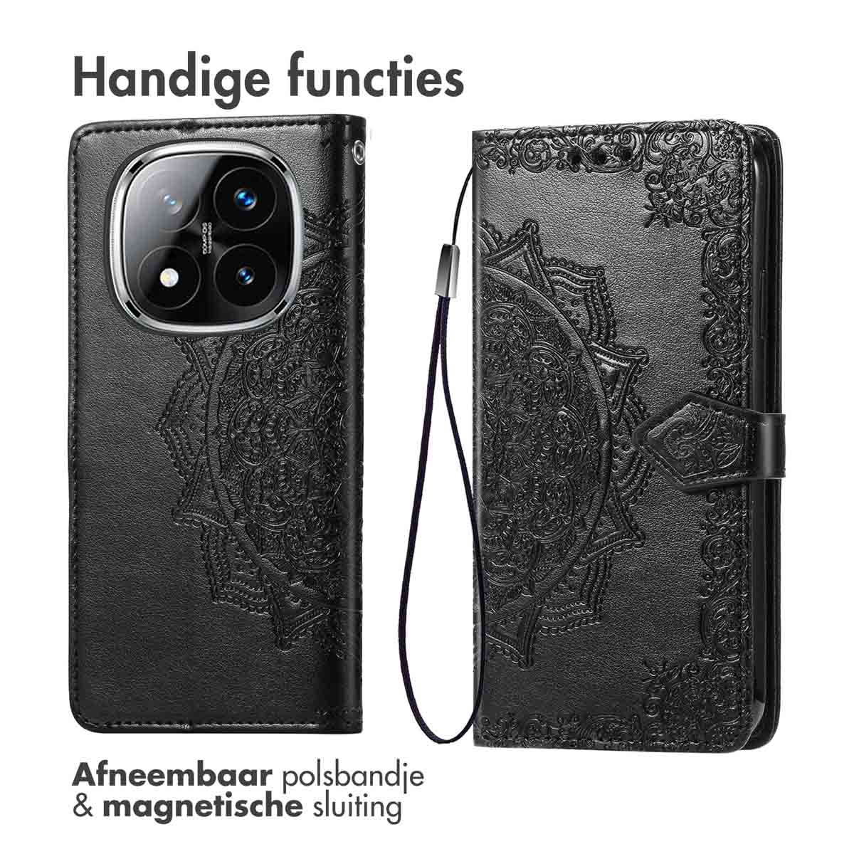 Étui de téléphone noir avec motif mandala détaillé, dragonne amovible et fermeture magnétique. Texte : Fonctions pratiques.