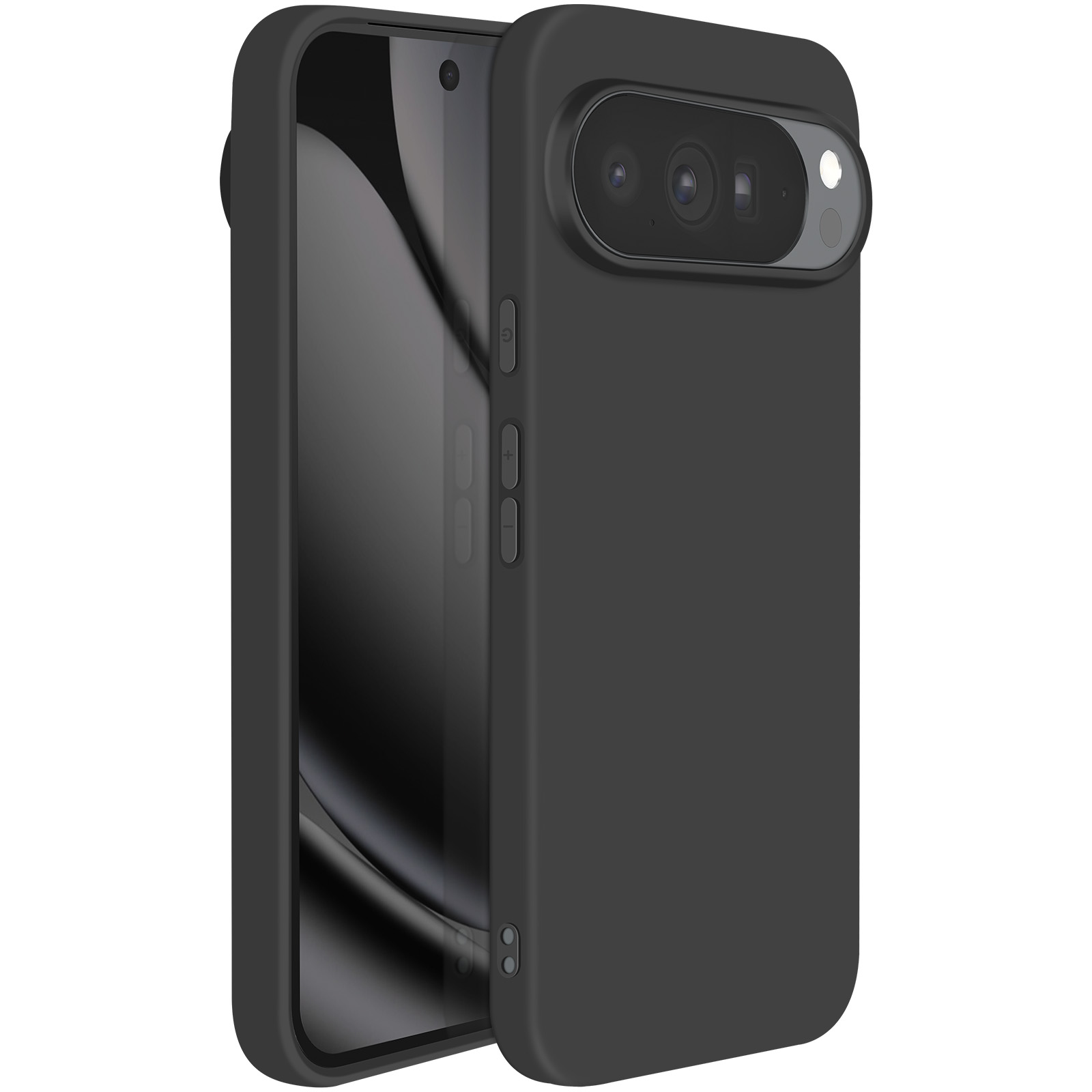 Een zwarte telefoon in een zwarte hoes. De telefoon heeft een camerabult, met lenzen. Het scherm is zichtbaar.