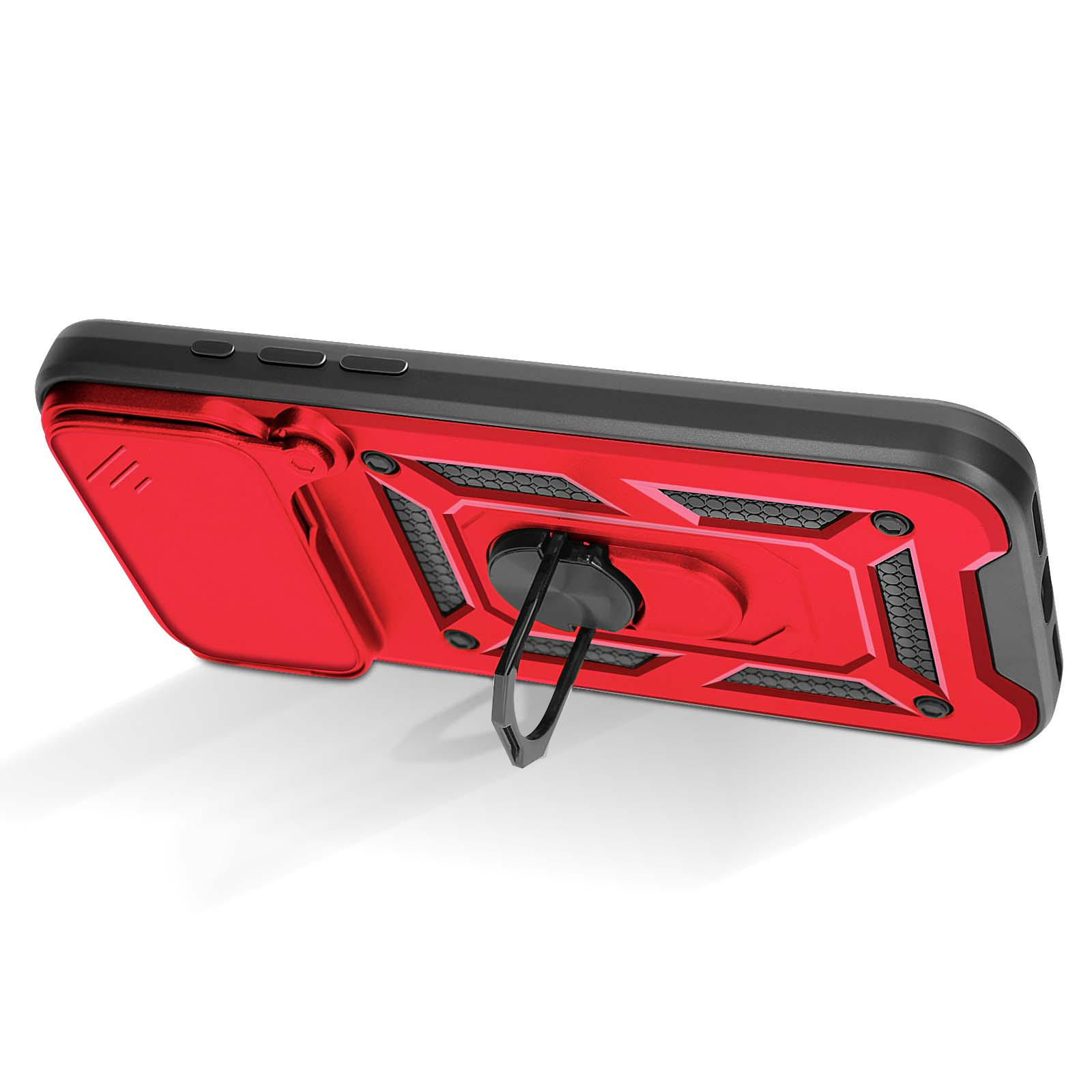Custodia per telefono rossa e nera con anello. La custodia ha un design strutturato e un supporto.