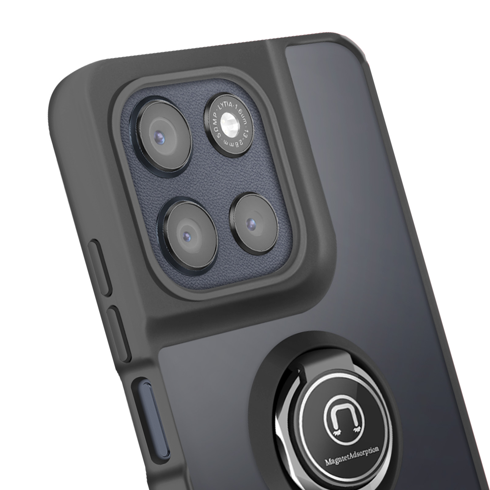 Gros plan sur une coque de téléphone avec plusieurs objectifs d'appareil photo, un support d'anneau et une fonction magnétique.
