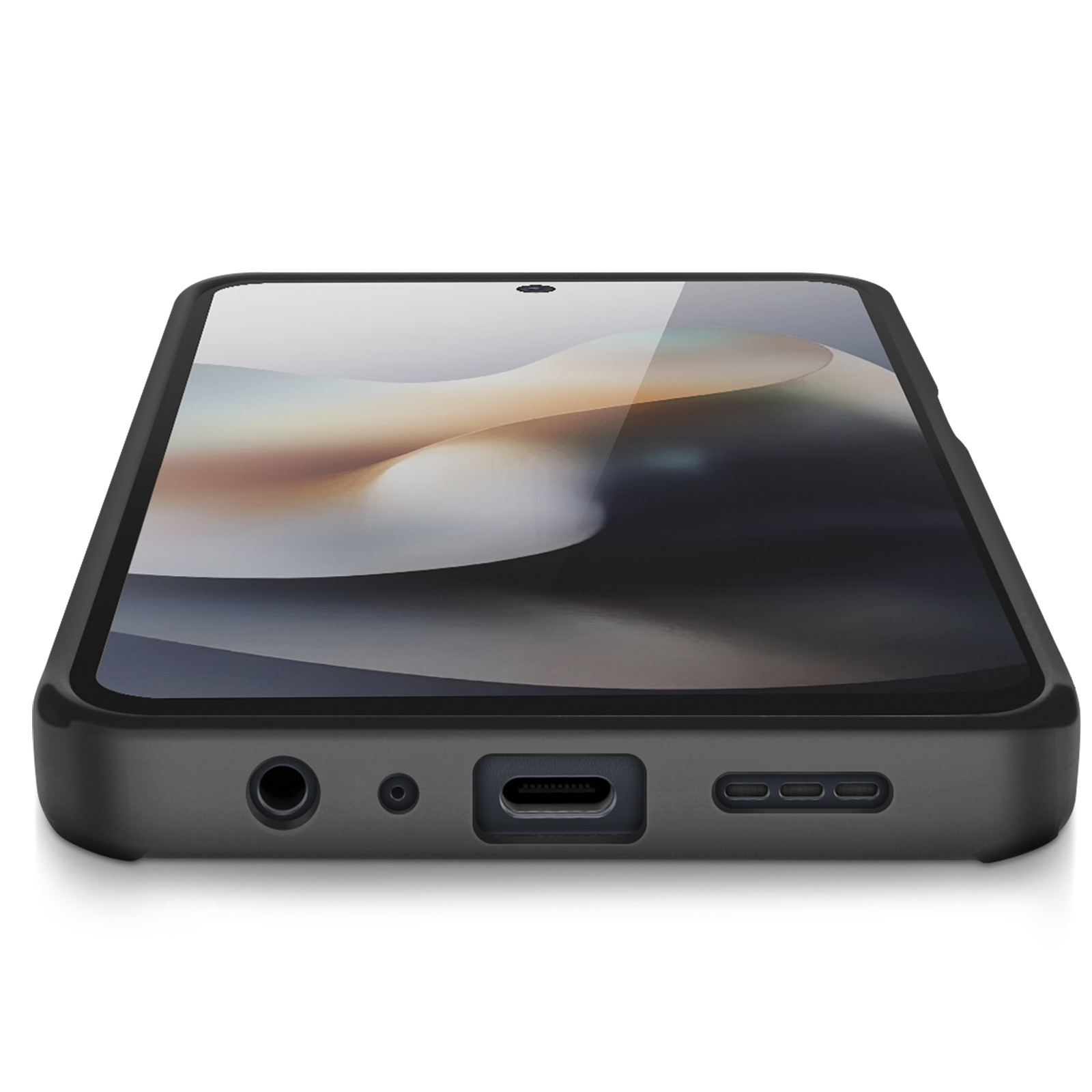 Gros plan d'un smartphone noir avec un écran affichant une image floue, sur fond blanc.