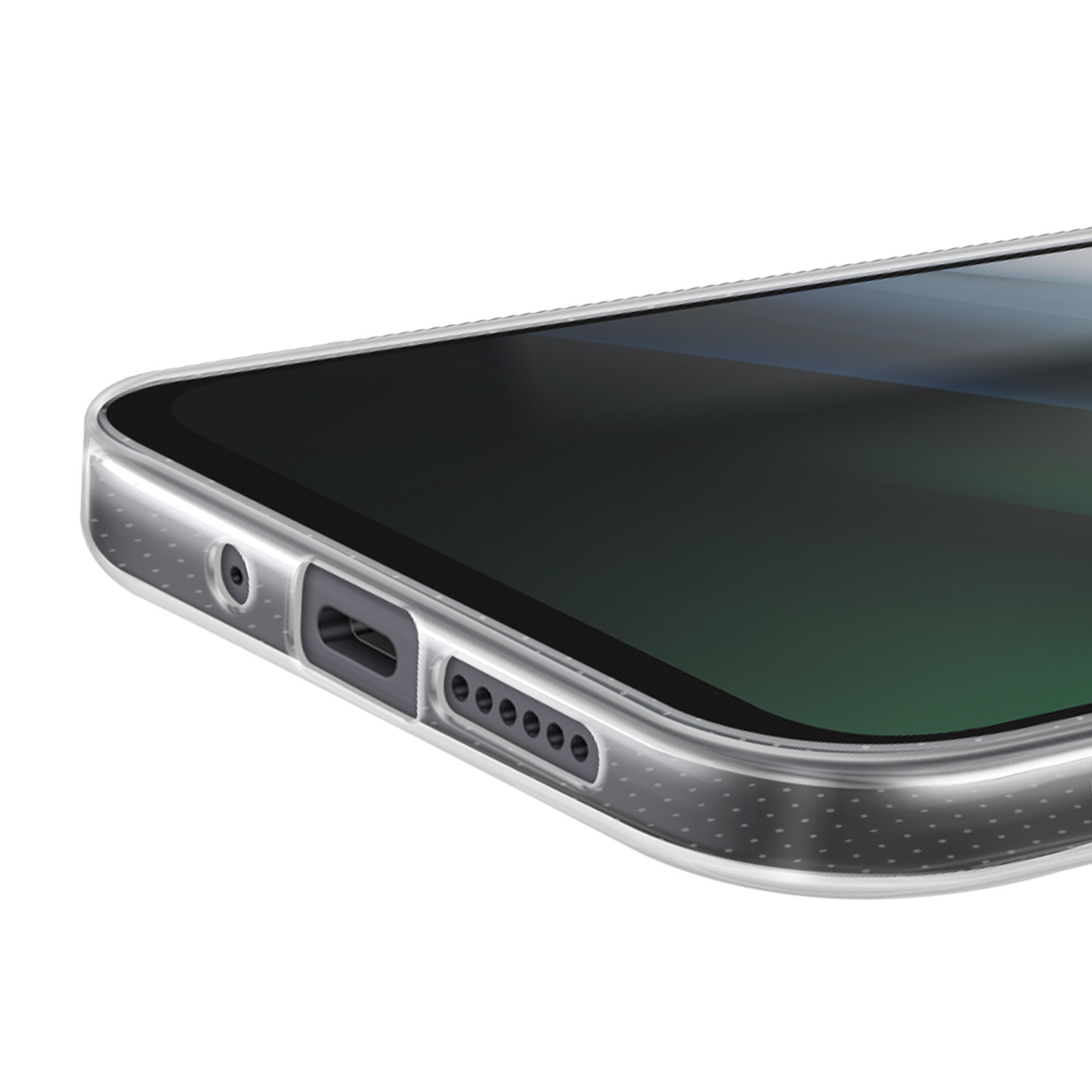 Primo piano del bordo inferiore di uno smartphone con porte e custodia trasparente. Lo schermo è scuro.