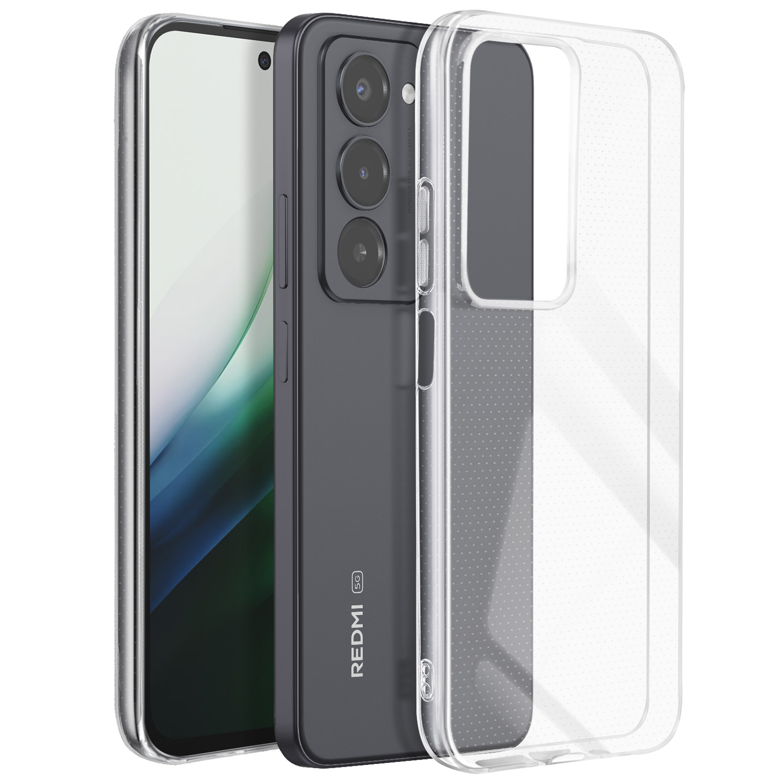 Un telefono Redmi 5G grigio con una custodia trasparente. Il telefono ha tre fotocamere e una protezione per lo schermo.