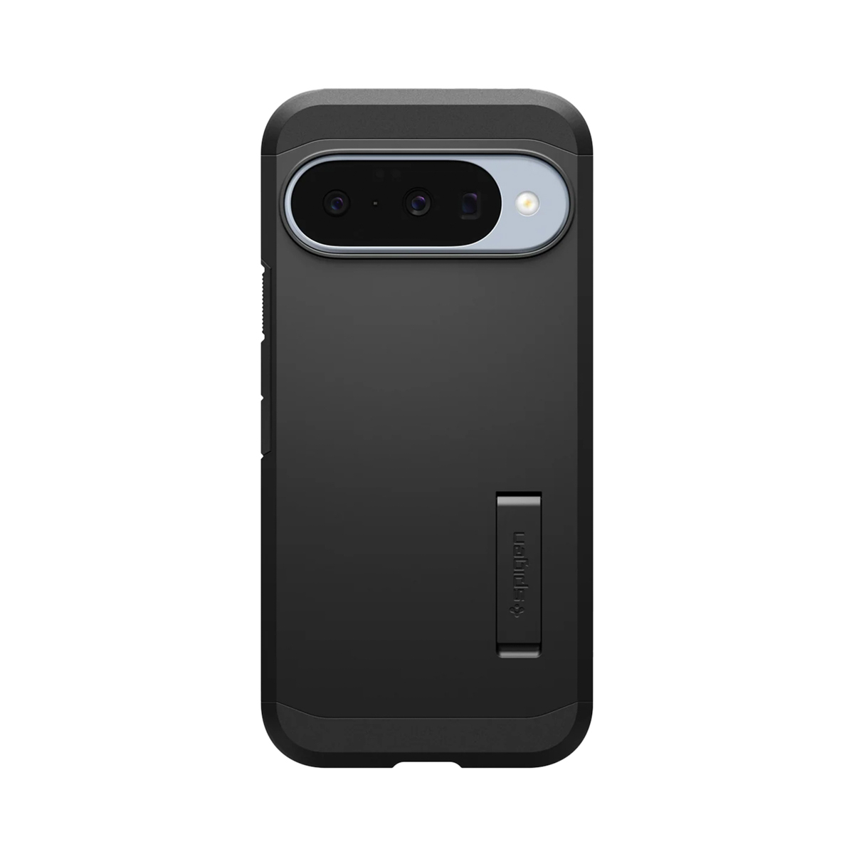 Custodia nera per telefono con ritaglio per fotocamera. La custodia ha un supporto e il logo Spigen.