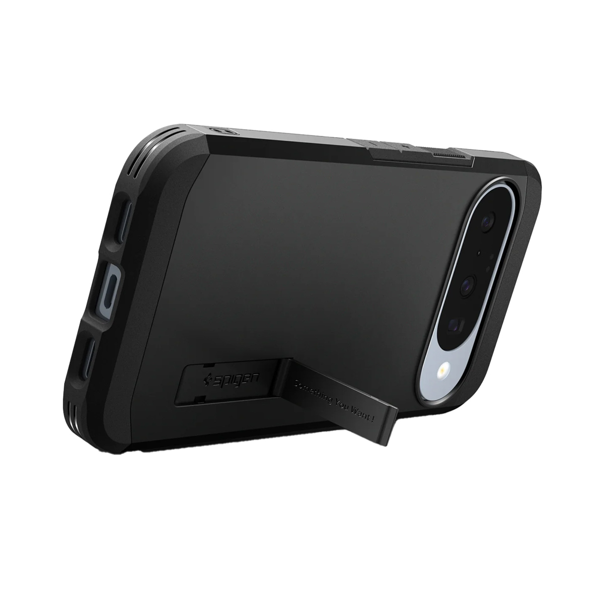 Una custodia nera per telefono con supporto. La custodia ha il logo Spigen e un ritaglio per la fotocamera. Il supporto dice 'Something You Want!'