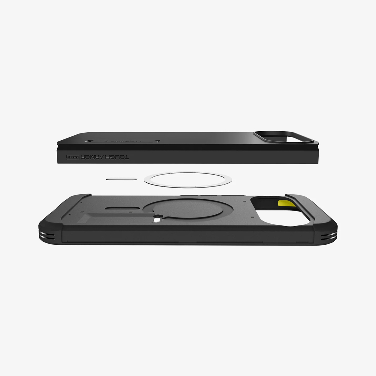 Componenti della custodia del telefono neri, separati. Il pezzo superiore ha un ritaglio per la fotocamera e un supporto. Il pezzo inferiore ha un accento giallo.