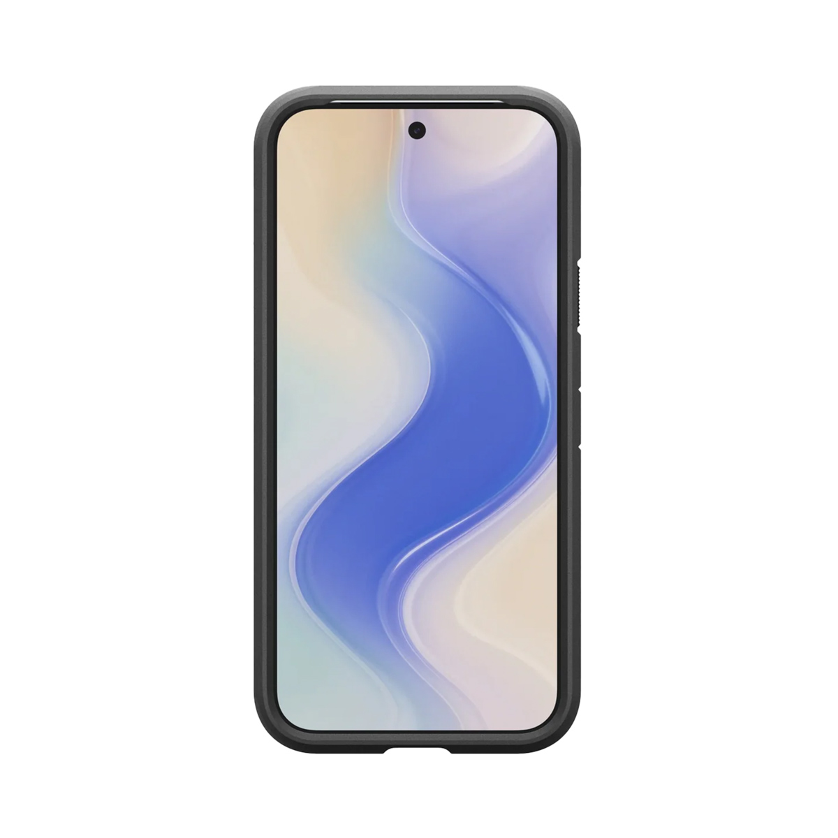Uno smartphone con cornice nera. Lo schermo mostra un design astratto blu e beige. Una fotocamera frontale in alto.