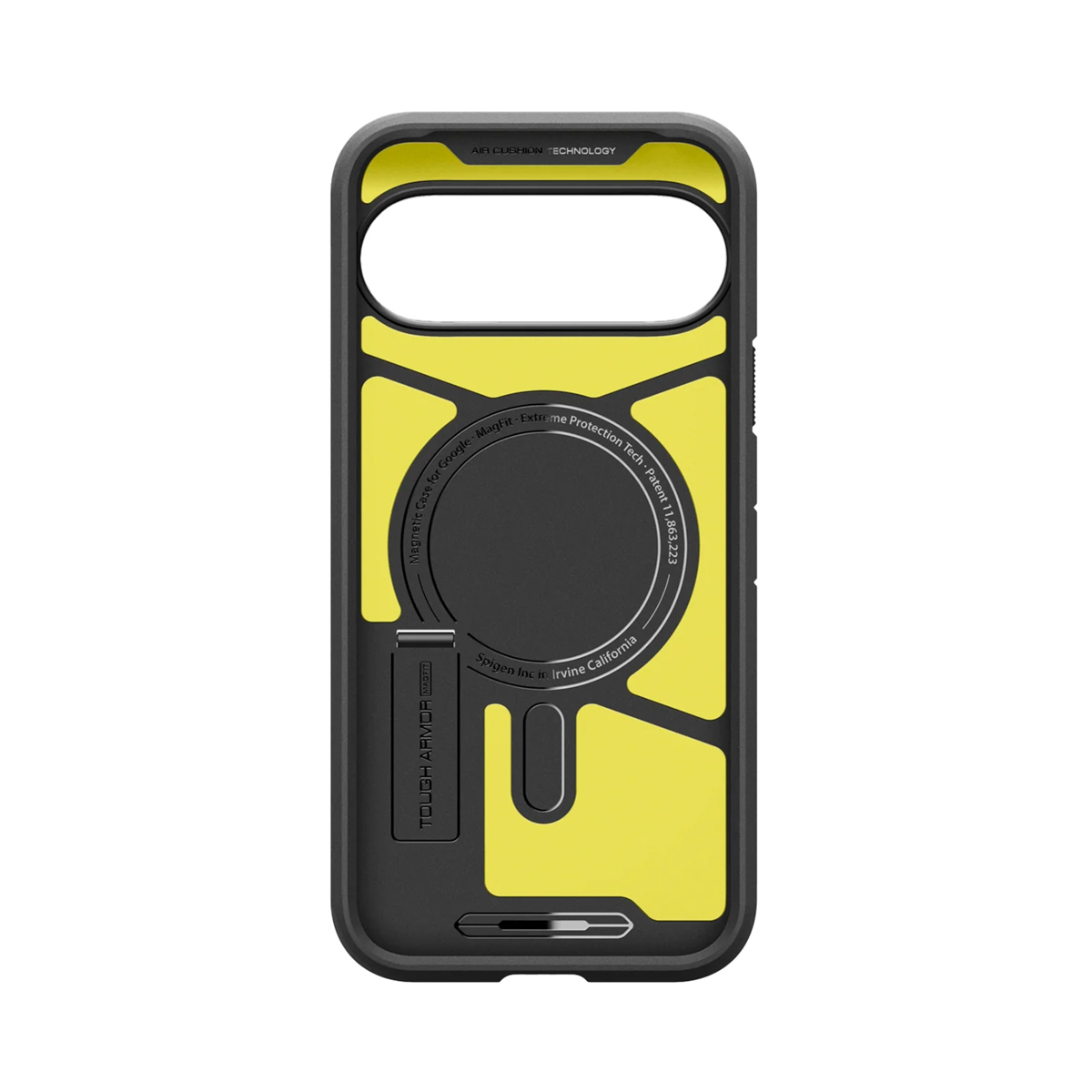Una custodia per telefono gialla e nera con supporto. Con il testo 'Magnetic Case for Google MagFit' e 'Air Cushion Technology'.