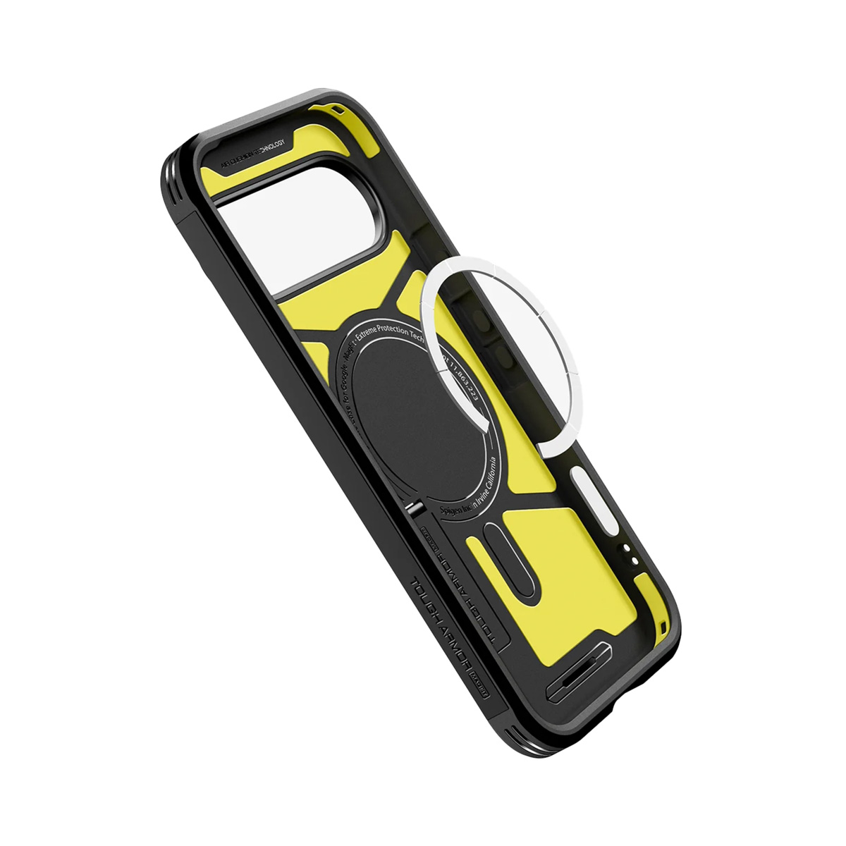 Una custodia per telefono nera e gialla con un supporto ad anello trasparente. La custodia ha ritagli per la fotocamera e i pulsanti. Su sfondo bianco.