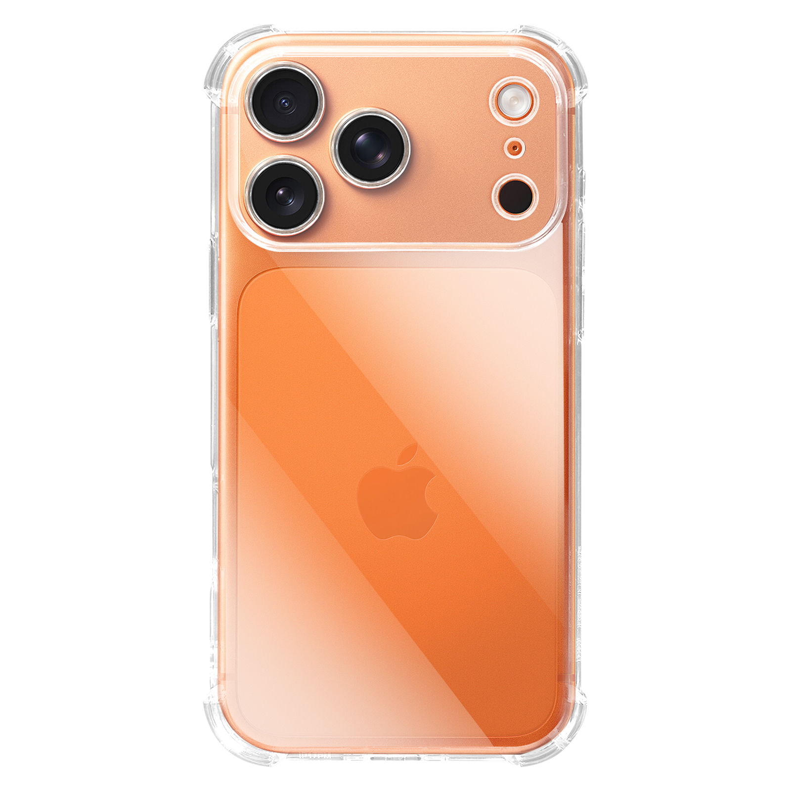 Ein orangefarbenes iPhone in einer transparenten Hülle. Das Telefon hat drei Kameralinsen und ein Apple-Logo.