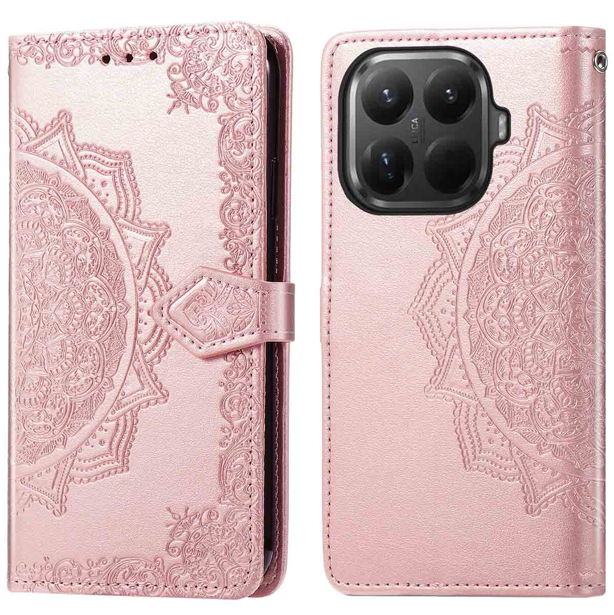 Étui de téléphone rose avec motif mandala. L'étui est ouvert, montrant la caméra du téléphone et le motif complexe.