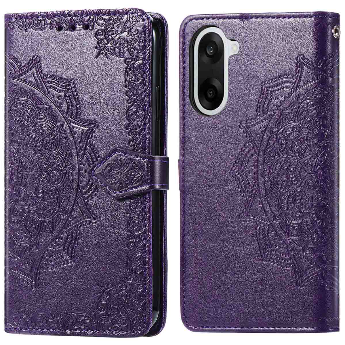 Een paarse telefoonhoes, open. Het heeft een mandala patroon en een sluiting. De camera van de telefoon is zichtbaar.