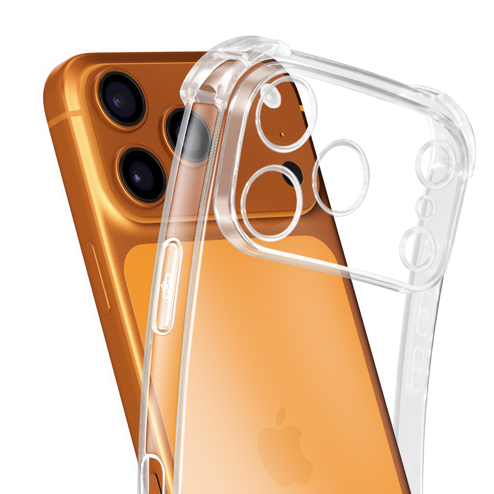 Ein orangefarbenes iPhone mit einer durchsichtigen Hülle. Das Telefon hat drei Kameralinsen. Die Hülle bedeckt das Telefon.