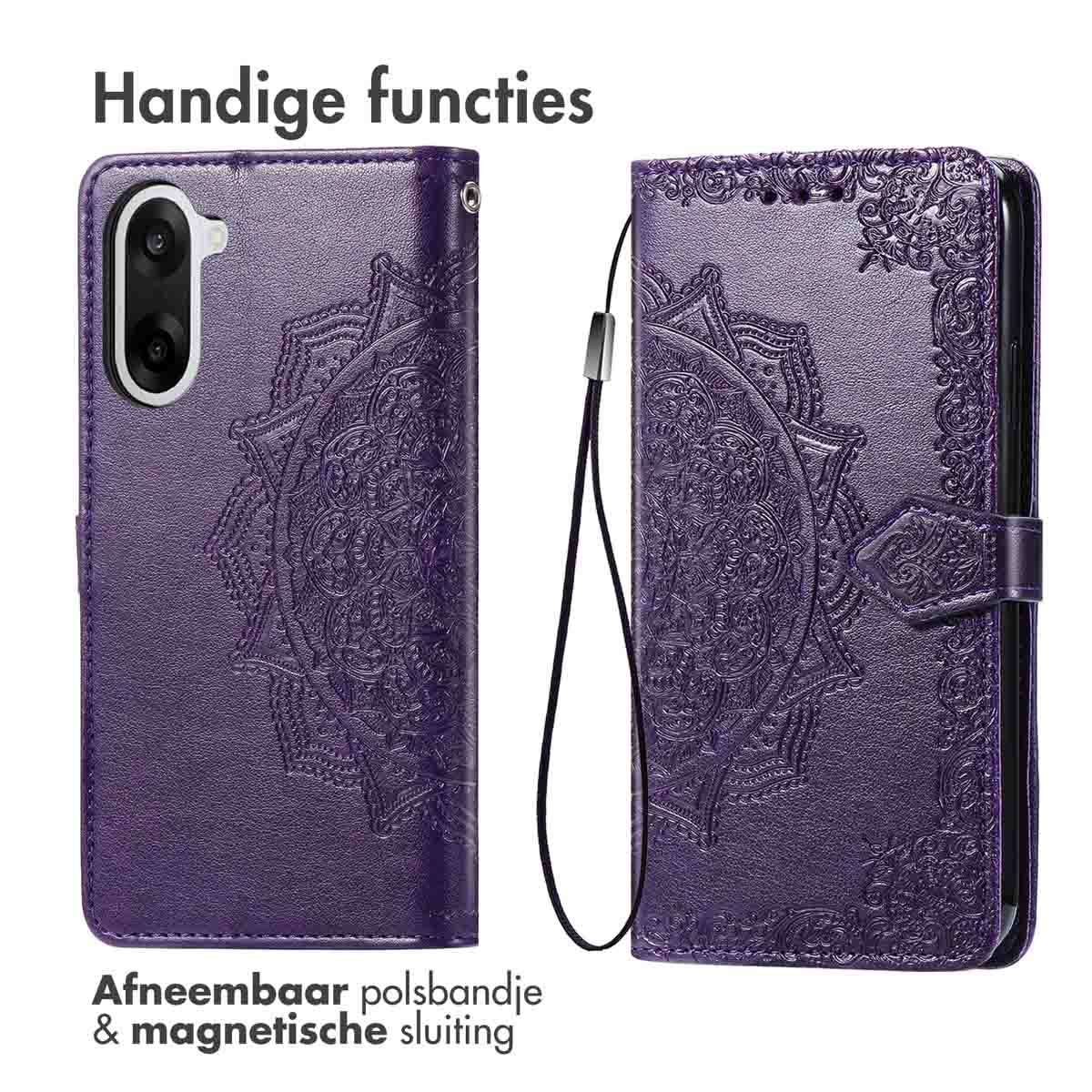 Paarse telefoonhoes met mandala-ontwerp, polsband en magnetische sluiting. Tekst: Handige functies, Afneembaar polsbandje & magnetische sluiting.
