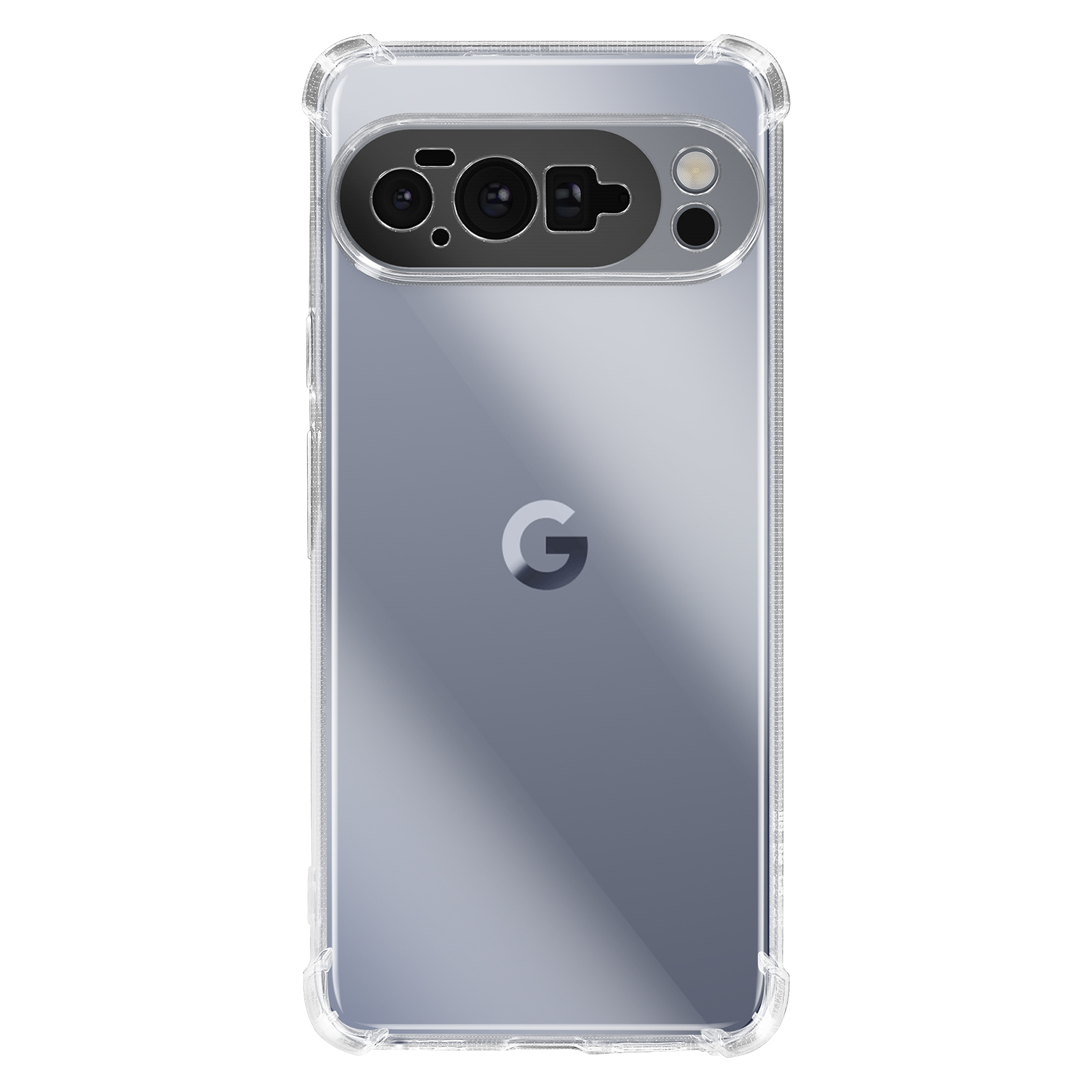 Custodia trasparente su telefono grigio. Presenta ritagli per fotocamera, logo Google e paraurti protettivo.