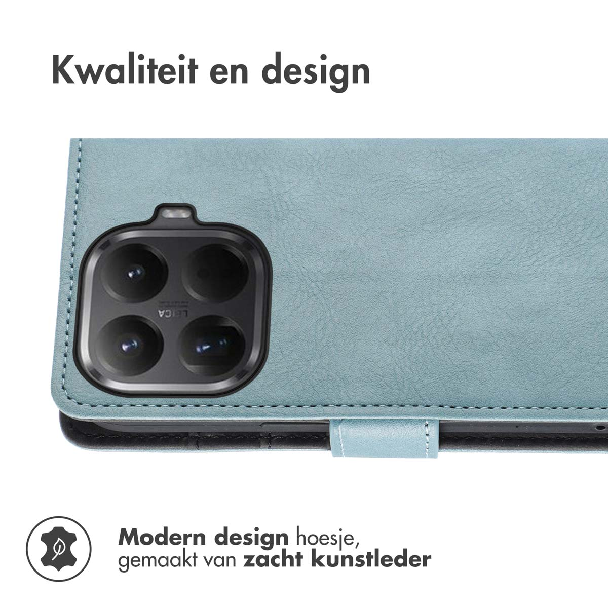 Coque de téléphone avec module caméra. La coque est bleu clair. Le texte dit 'Kwaliteit en design' et 'Modern design hoesje, gemaakt van zacht kunstleder'.