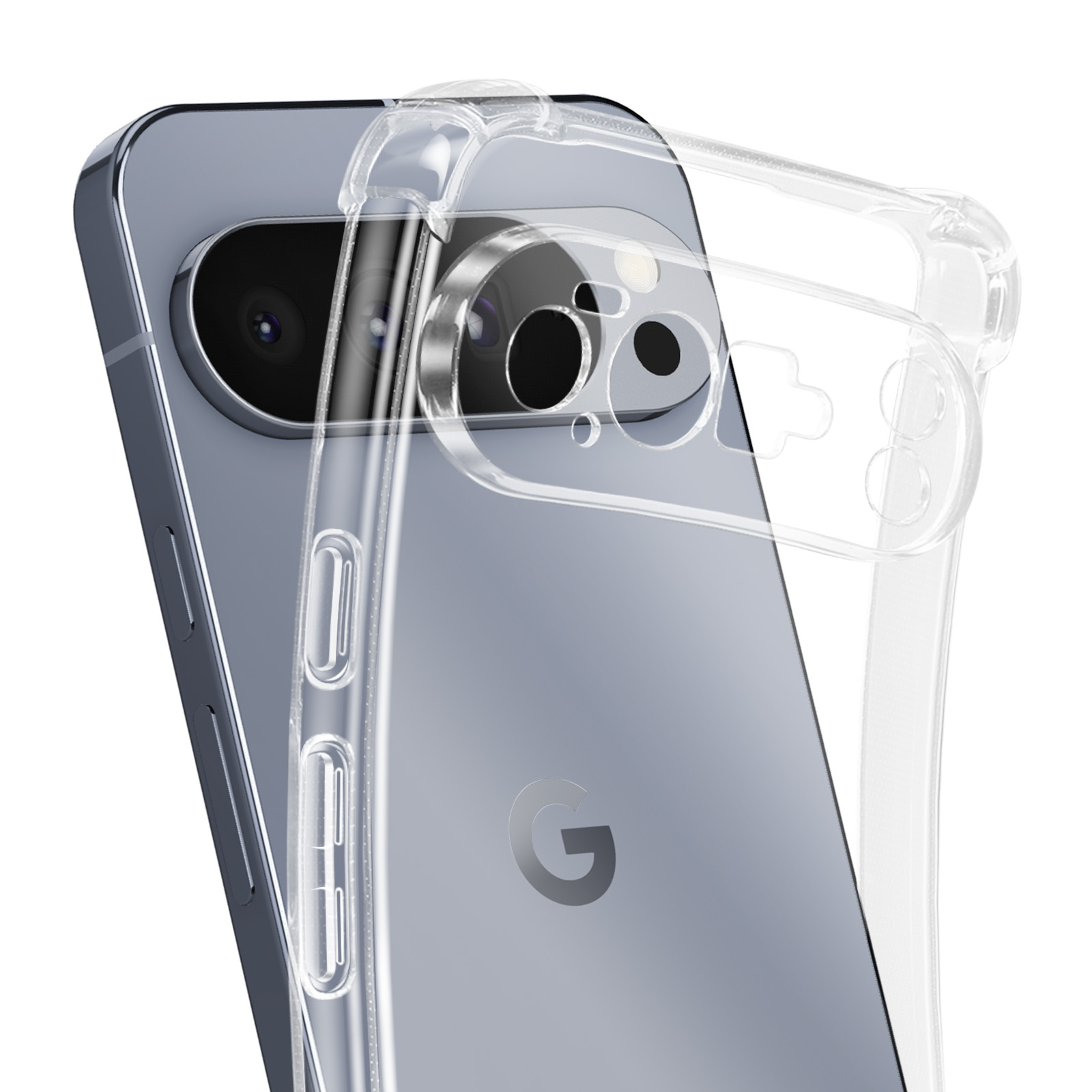Uno smartphone in una custodia trasparente. Il telefono è grigio con un rigonfiamento della fotocamera e il logo Google. La custodia è trasparente.