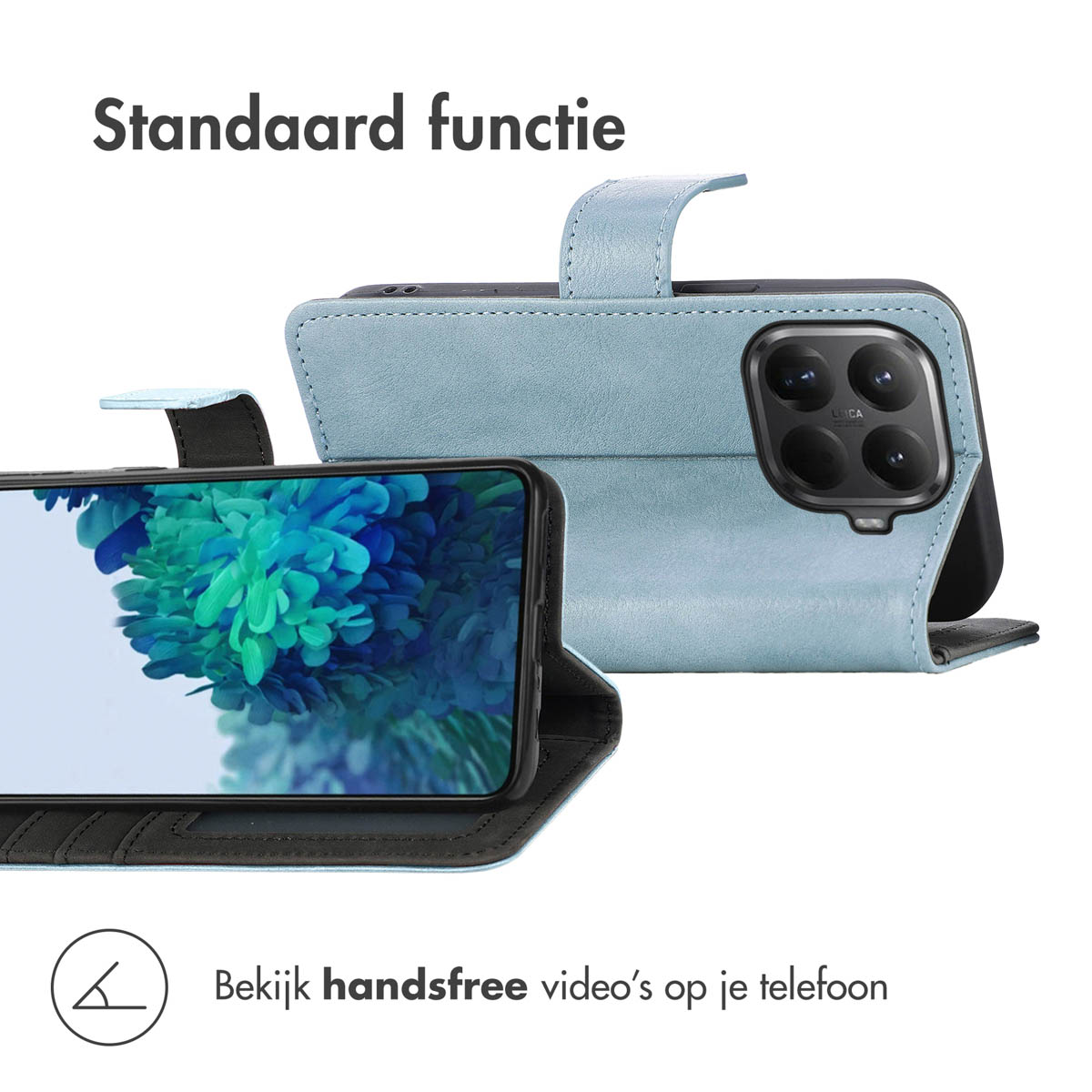 Un téléphone dans un étui bleu affiche une image florale. L'étui a également une fonction de support. Le texte indique 'Fonction standard' et 'Voir des vidéos mains libres'.
