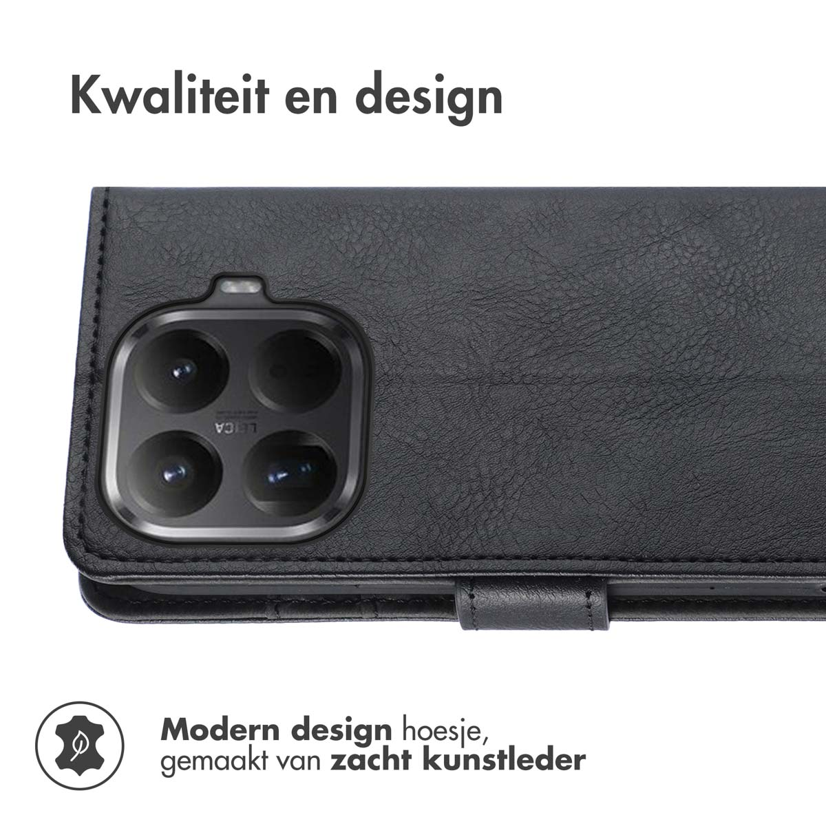 Étui de téléphone en cuir noir avec détail de caméra. L'étui a une fermeture magnétique et est en cuir artificiel souple.