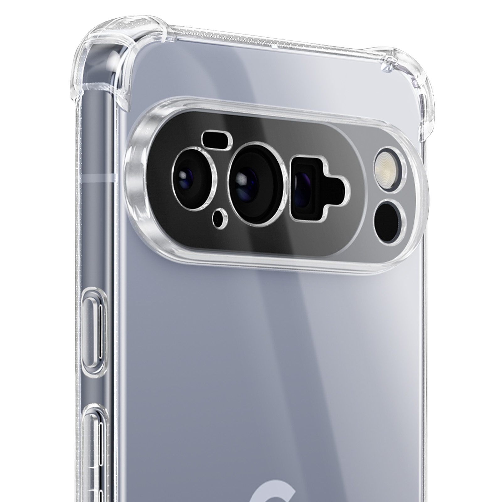 Una custodia trasparente per telefono con modulo fotocamera. La custodia ha un telaio trasparente e copre il retro.