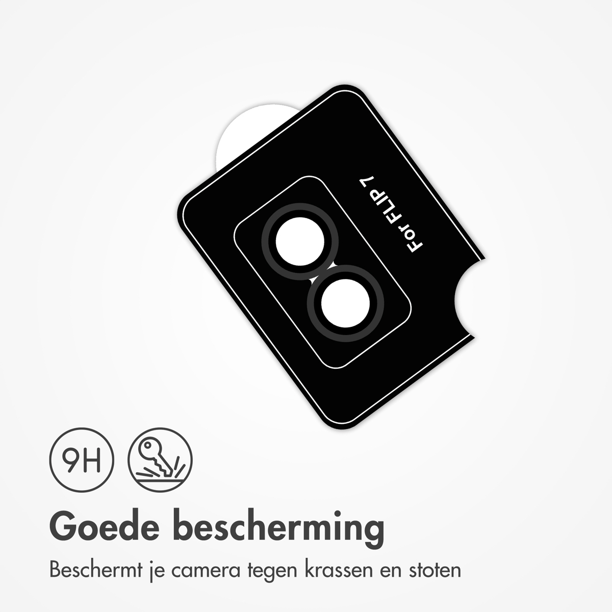 Zwarte camerabeschermer met twee witte cirkels en tekst 'For FLIP 7'. Tekst 'Goede bescherming' is ook zichtbaar.