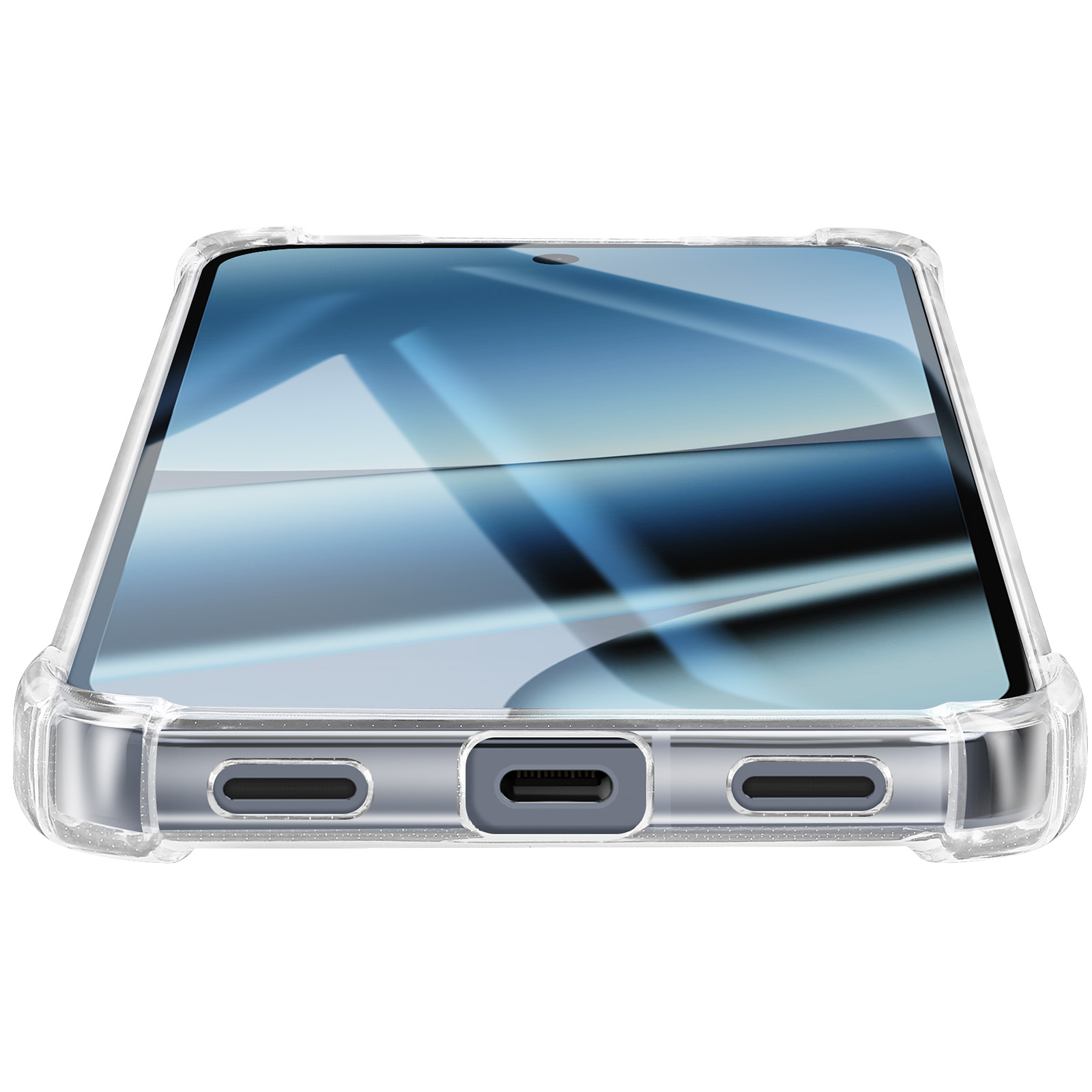 Uno smartphone in una custodia protettiva trasparente. Lo schermo mostra un design astratto blu e bianco. La parte inferiore ha porte.