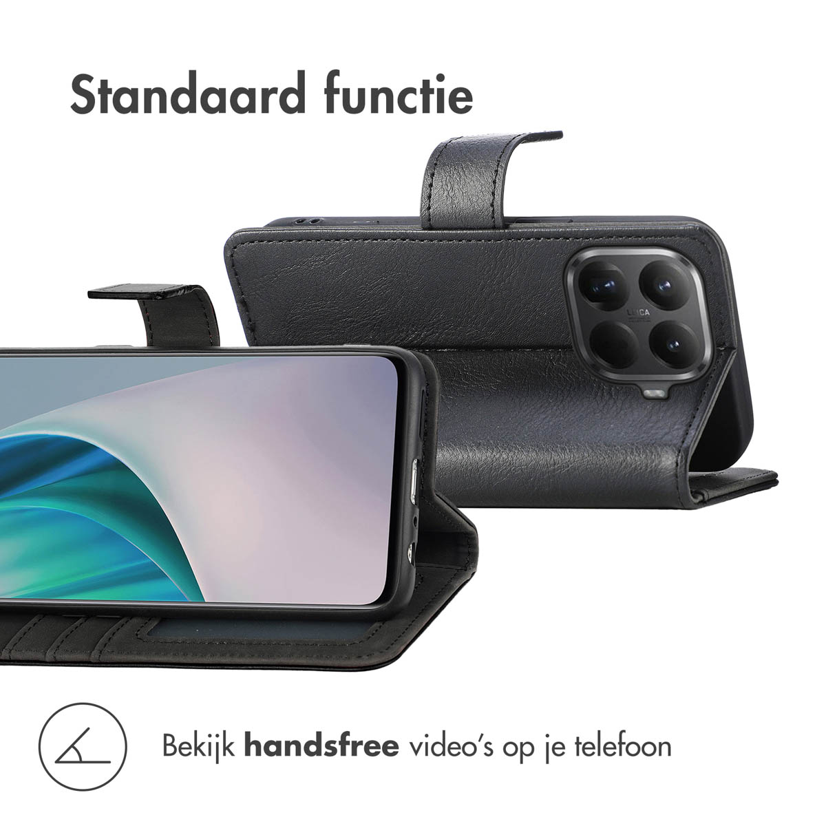 Étui de téléphone noir avec téléphone. L'étui est ouvert, montrant l'écran. Texte : 'Standaard functie' et 'Bekijk handsfree video'.