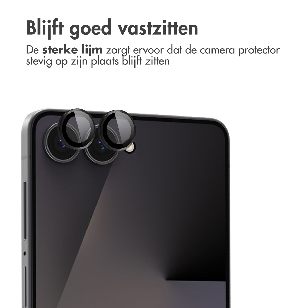 Een telefoon met cameralensbeschermers. De tekst bovenaan zegt 'Blijft op zijn plaats'. De lensbeschermers zijn zwart.