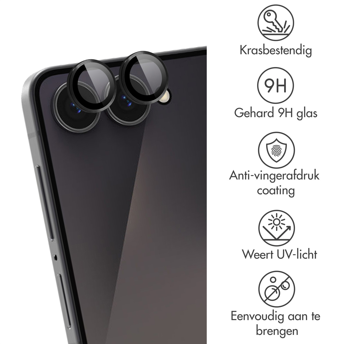 Een telefoon met cameralensbeschermers. Tekst beschrijft krasbestendigheid, 9H-glas, anti-vingerafdrukcoating, UV-bescherming en eenvoudige applicatie.