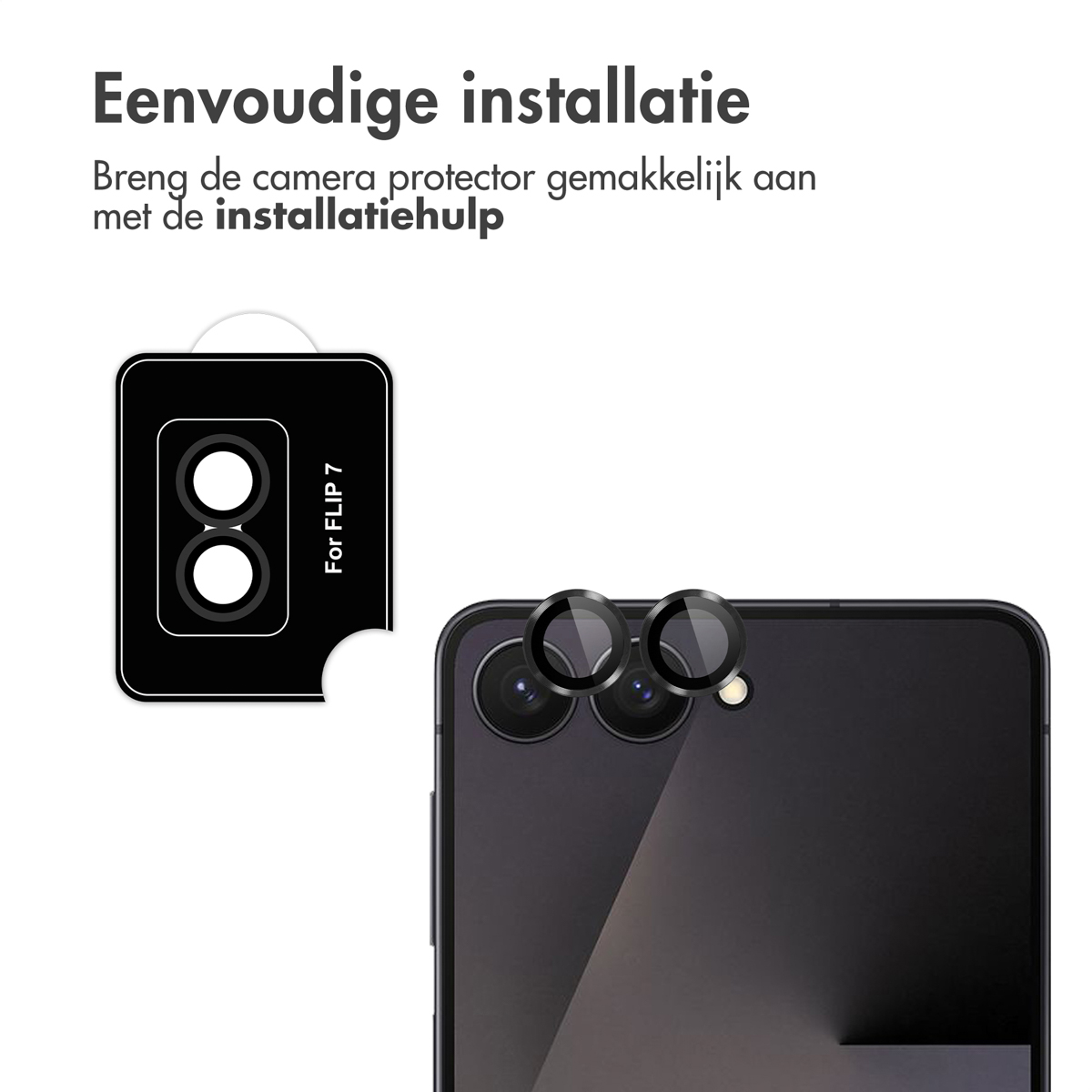Afbeelding toont cameralensbeschermers en een telefoon. Tekst zegt 'Eenvoudige installatie'.