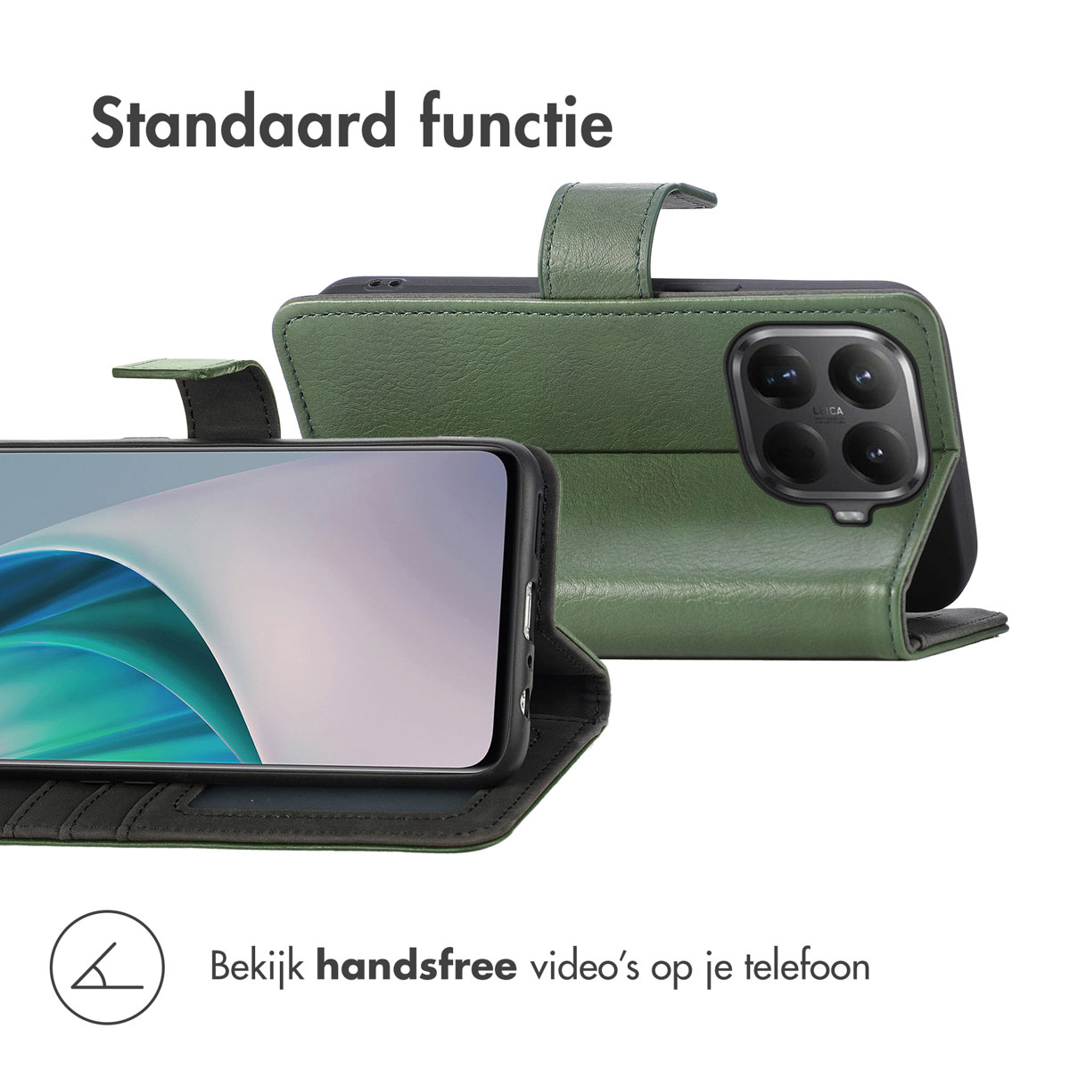 Groene telefoonhoes met telefoon. De hoes is open, toont het scherm. Tekst: 'Standaard functie' en 'Bekijk handsfree video's'.