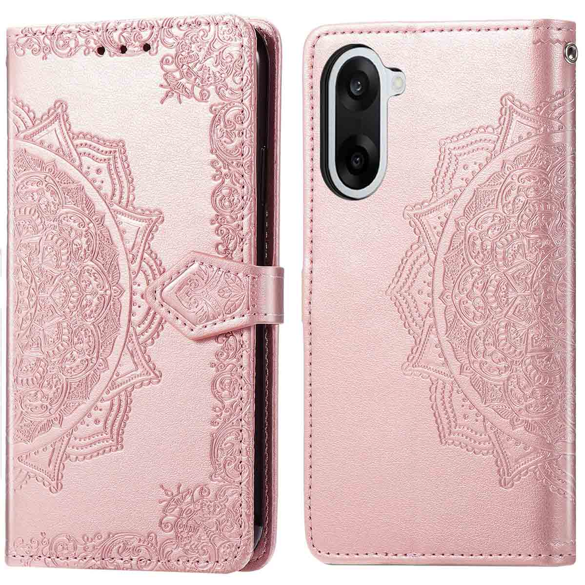 Roze telefoonhoesje, portemonnee-stijl met reliëf bloemenontwerp en sluiting. De camera van de telefoon is rechts zichtbaar.
