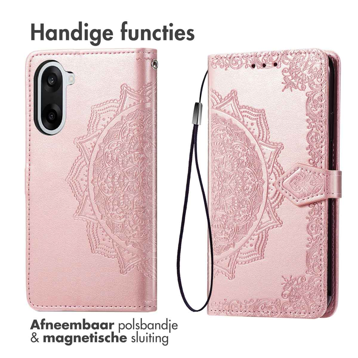 Roze telefoonhoesje met mandala-ontwerp. Met afneembare polsband en magnetische sluiting. Tekst: Handige functies.