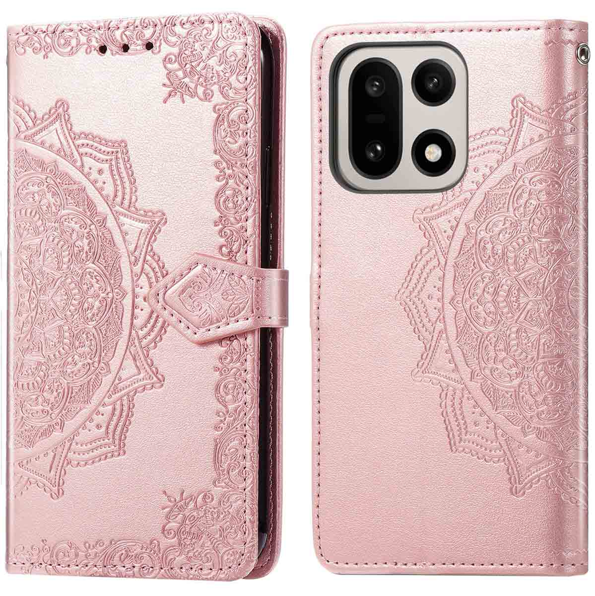 Roze telefoonhoesje met reliëf mandala ontwerp. De hoes is open en toont de camera en het scherm.