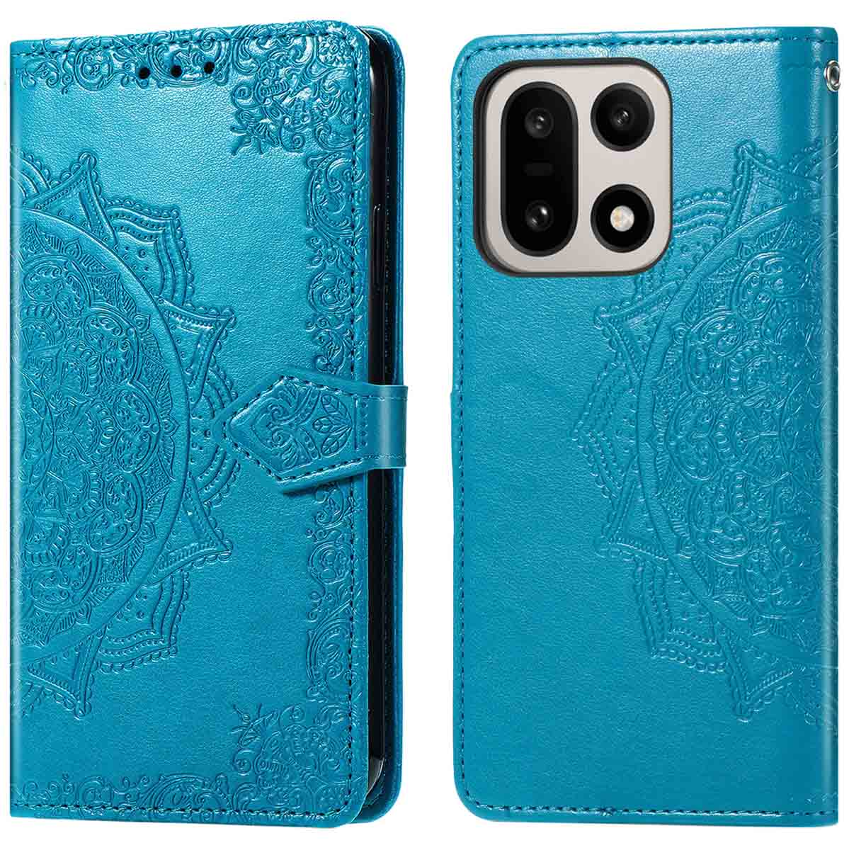 Een turquoise telefoonhoesje wordt getoond, open en dicht. Het heeft een mandala-ontwerp en een sluiting. De hoes is van leer.