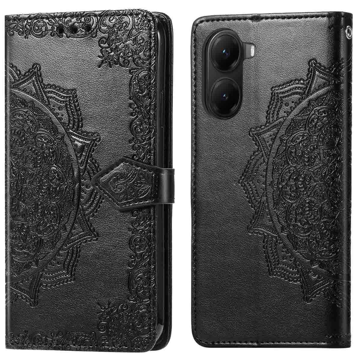 Étui de téléphone en cuir noir avec motif mandala complexe. Comprend une fermeture magnétique et des découpes pour l'appareil photo.